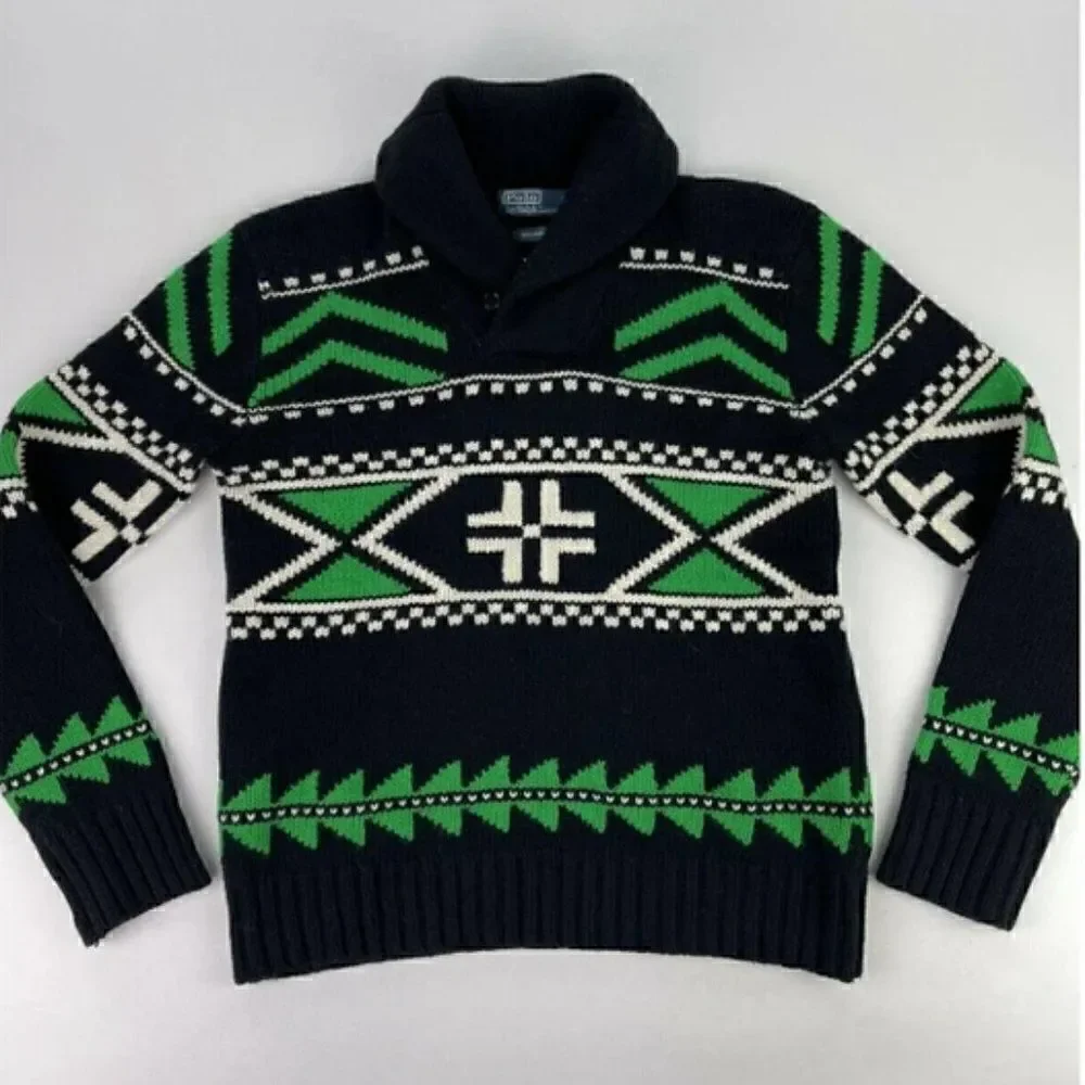 Polo Ralph Lauren Black & Green Multi Geometric Shawl Collar Sweater